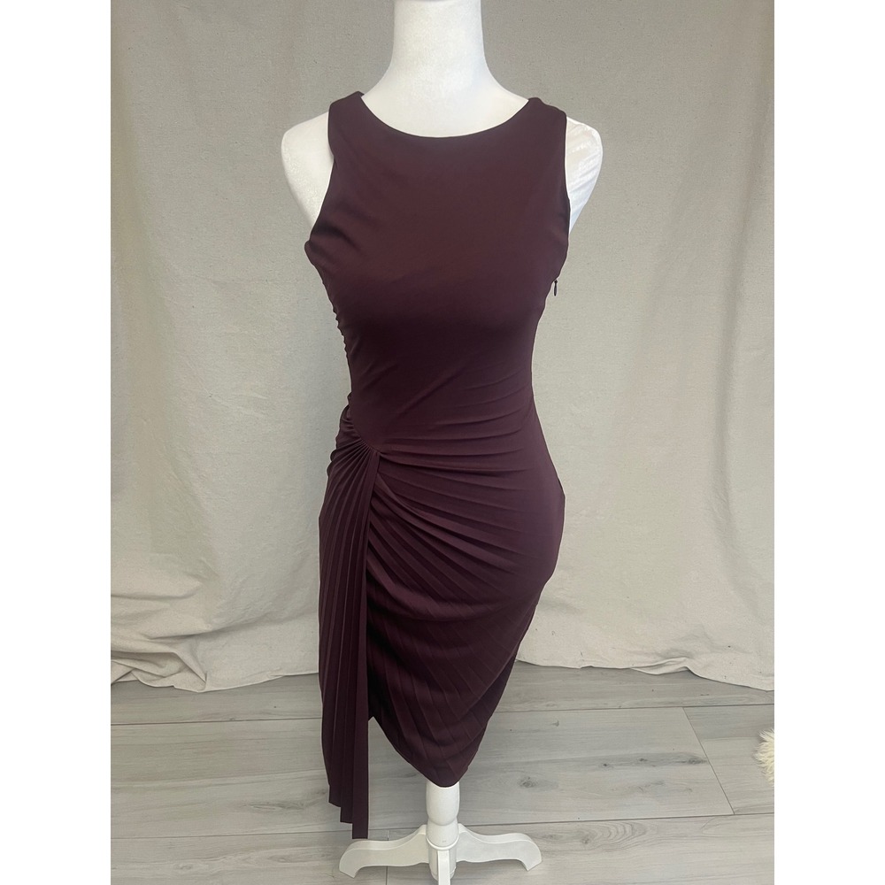 Halston Heritage Dress Plum Ruched Pleated Midi Sz 4 Cocktail Bodycon Designer